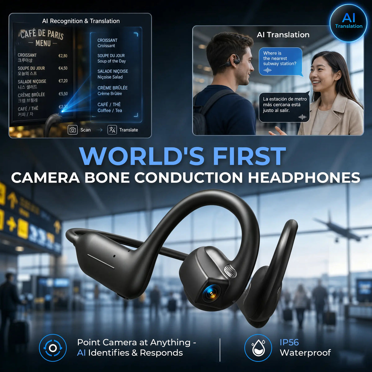 E12 Smart Bone Conduction Headset — Built-In 8MP Camera & Real-Time AI Translation